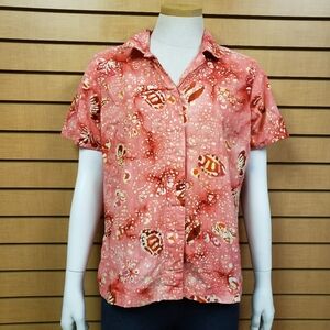 Columbia River Resort Orange And Red Short Sleeve Button Down Shirt Size Medium